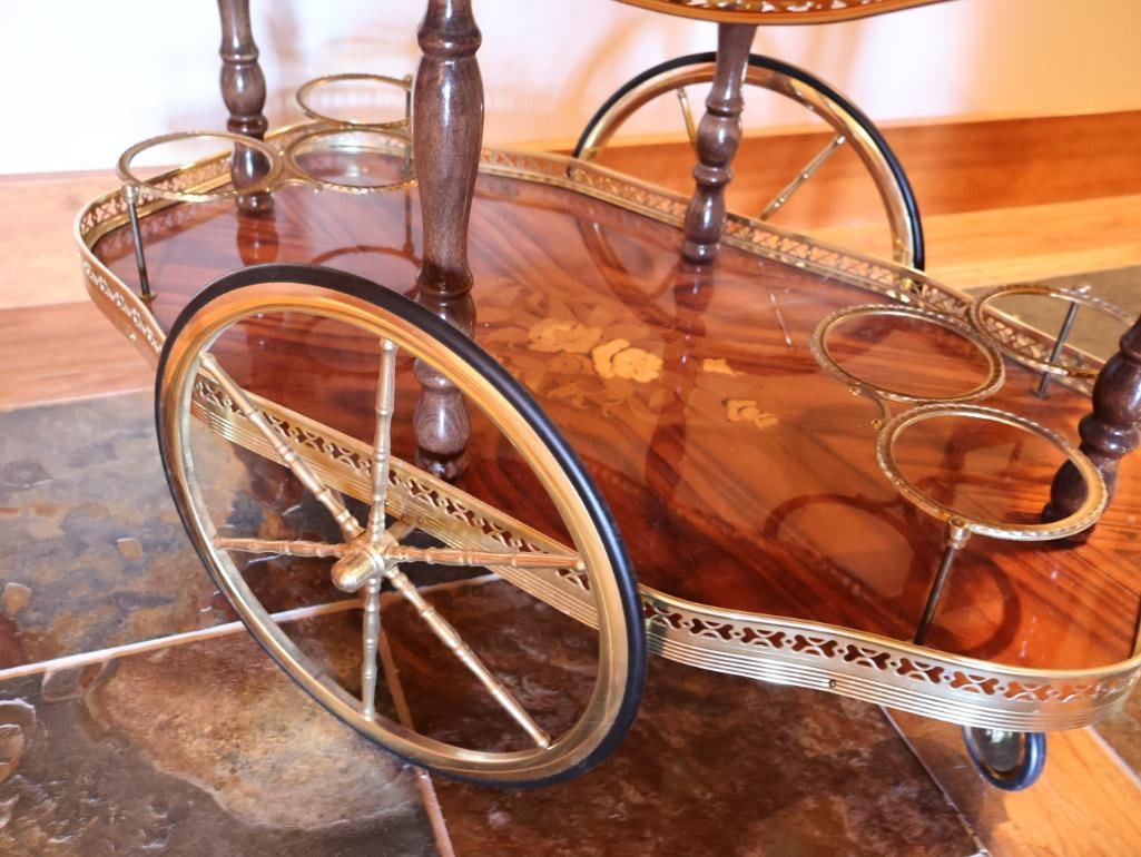 Vintage Mid-Century Italian Marquetry and Polished Brass Bar Cart - 8