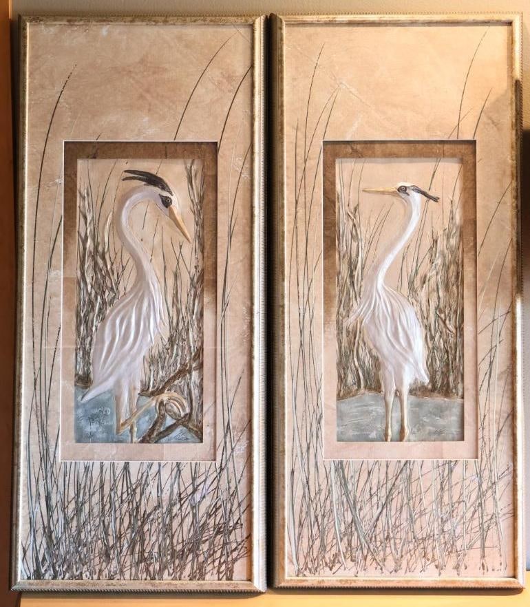 Pair of Large Blue Heron Artworks by Steffen Plistermann: Woodworker and painter Steffen Plistermann pencil signed pair of large blue heron artworks, combining different mediums to create this natural scene. About 50" by 22" each