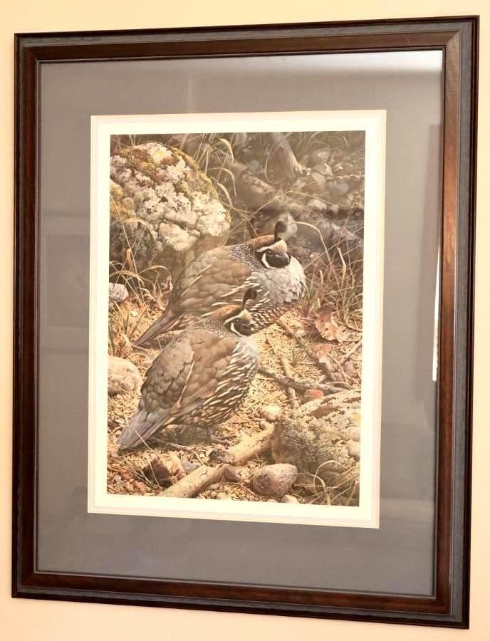 Pencil Signed Carl Brenders California Quail Numbered Print: Carl Bender's 'California Quail' pencil signed print, 63/950, professionally framed with notes on frame and matting used on back. About 31" by 25"