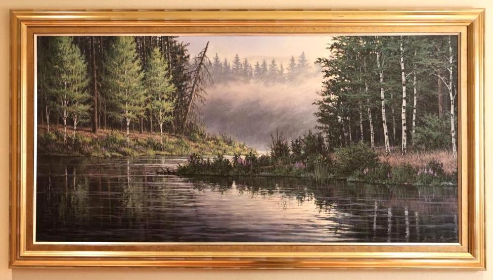Large Original Painting by John Paul Braman: Lovely landscape by Oregon Artist John Paul Braman, signed in bottom right corner and dated 1996, oil on board. Frame measures 53" by 29"
