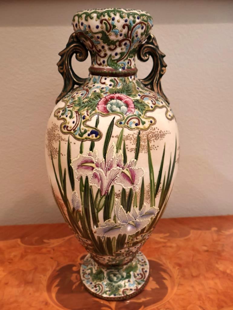 Large Antique Satsuma Style Moriage Iris Vase: Stands about 1.5 ft tall, this lovely antique moriage iris vase has beautiful coloring and lovely raised design throughout. No markings on bottom