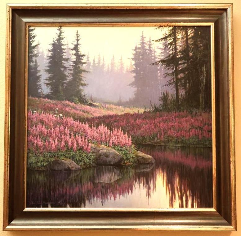 Medium Original Painting "Remembering Blue" by John Paul Braman: Lovely landscape by Oregon Artist John Paul 'Jack' Braman, called 'Remembering Blue' featuring a lupine field nestled in a fir forest. Signed in bottom left corner and dated 1997, oil on board and