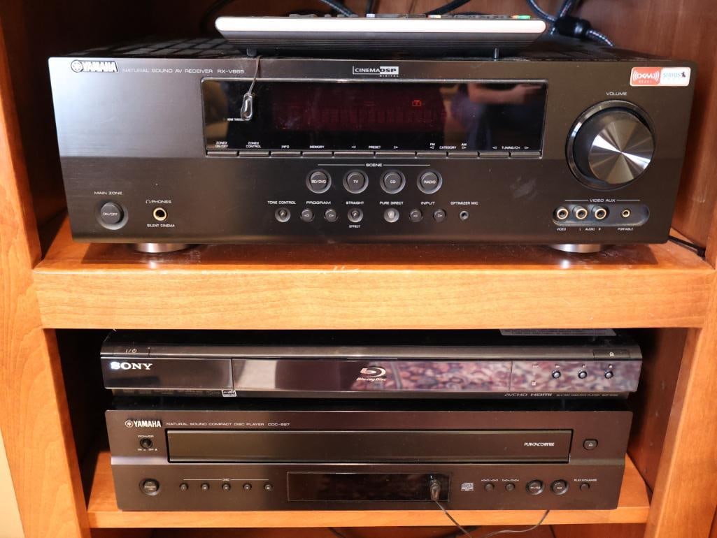 Yamaha Receiver and CD Player, with Sony Blu-Ray Player: Yamaha natural sound AV Receiver RX-V665, Yamaha Natural Sound Compact Disc PLayer CDC-897, and Sony BDP-S350 Blu-ray Disc/DVD Player (with remote). All power on and seem in working order