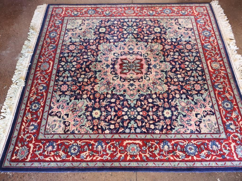 Vintage Persian Style Square Hand Knotted Rug: Lovely fringed Persian style rug with hand knotted intricate design featuring red and blue prominently. 62" by 5 ft