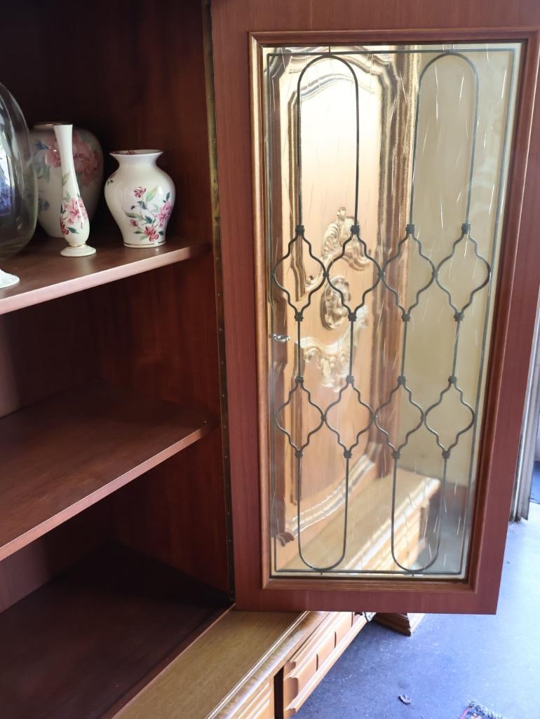 Large Over 9 ft Long Solid Wood Credenza with Carved and Vintage Glass Doors - 13