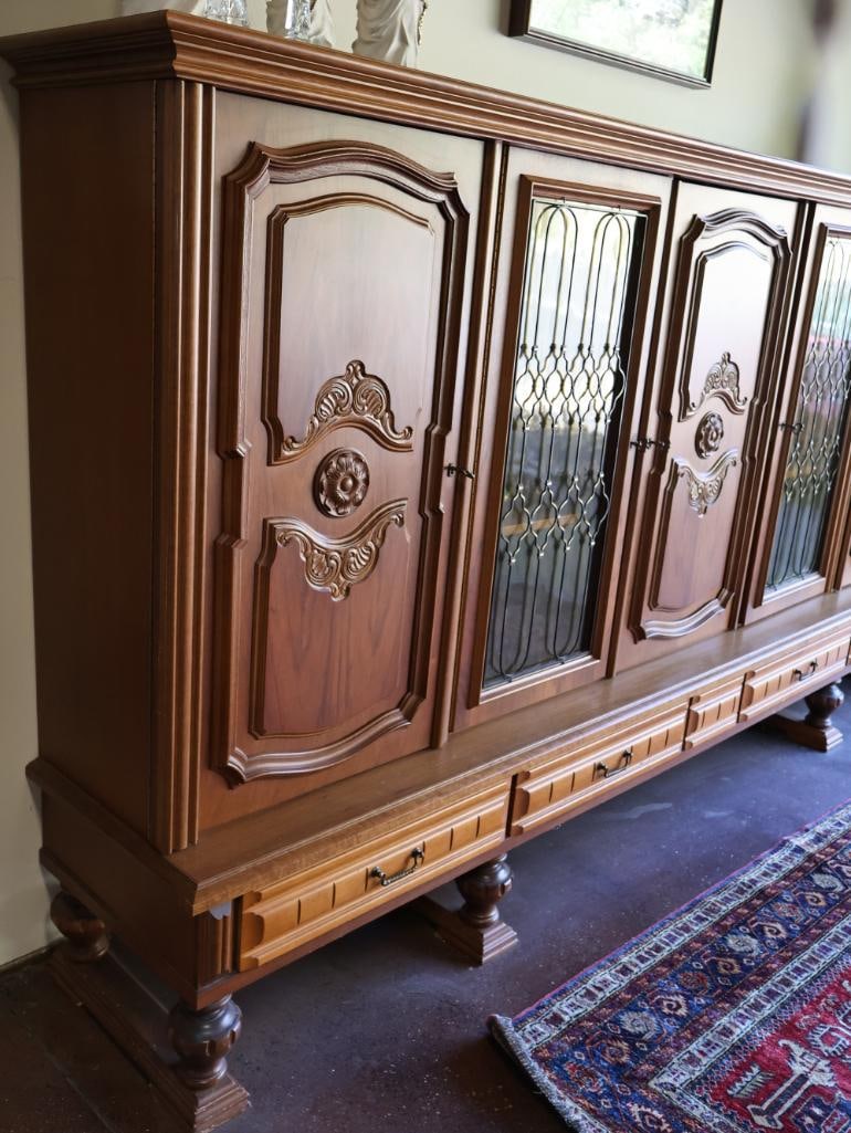 Large Over 9 ft Long Solid Wood Credenza with Carved and Vintage Glass Doors - 2