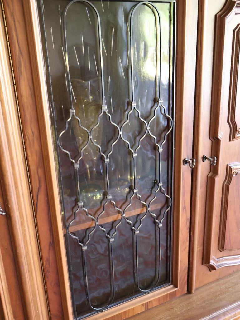 Large Over 9 ft Long Solid Wood Credenza with Carved and Vintage Glass Doors - 4
