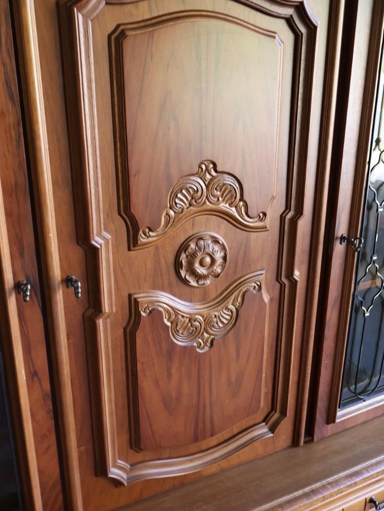 Large Over 9 ft Long Solid Wood Credenza with Carved and Vintage Glass Doors - 5