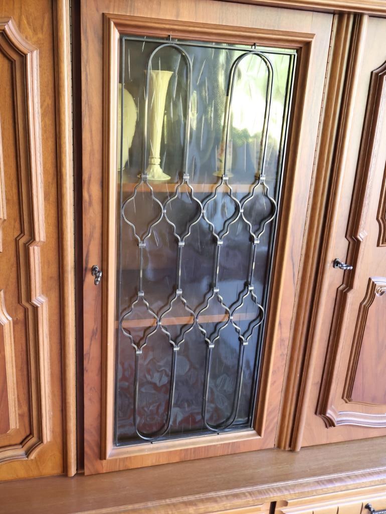 Large Over 9 ft Long Solid Wood Credenza with Carved and Vintage Glass Doors - 6
