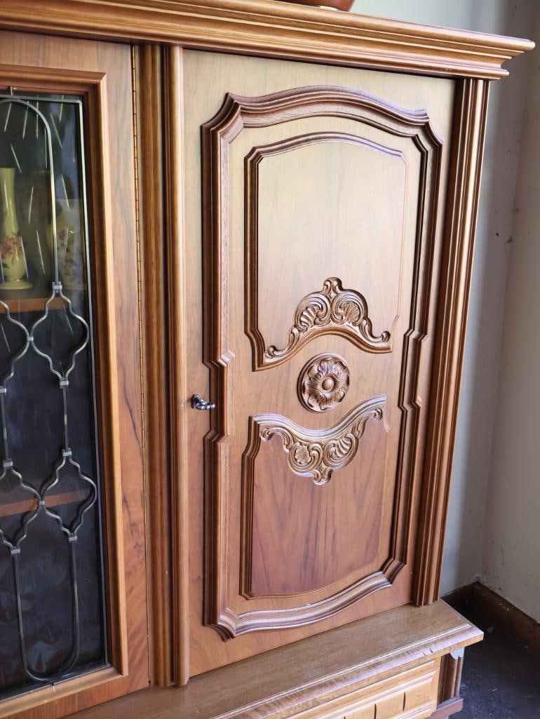 Large Over 9 ft Long Solid Wood Credenza with Carved and Vintage Glass Doors - 7