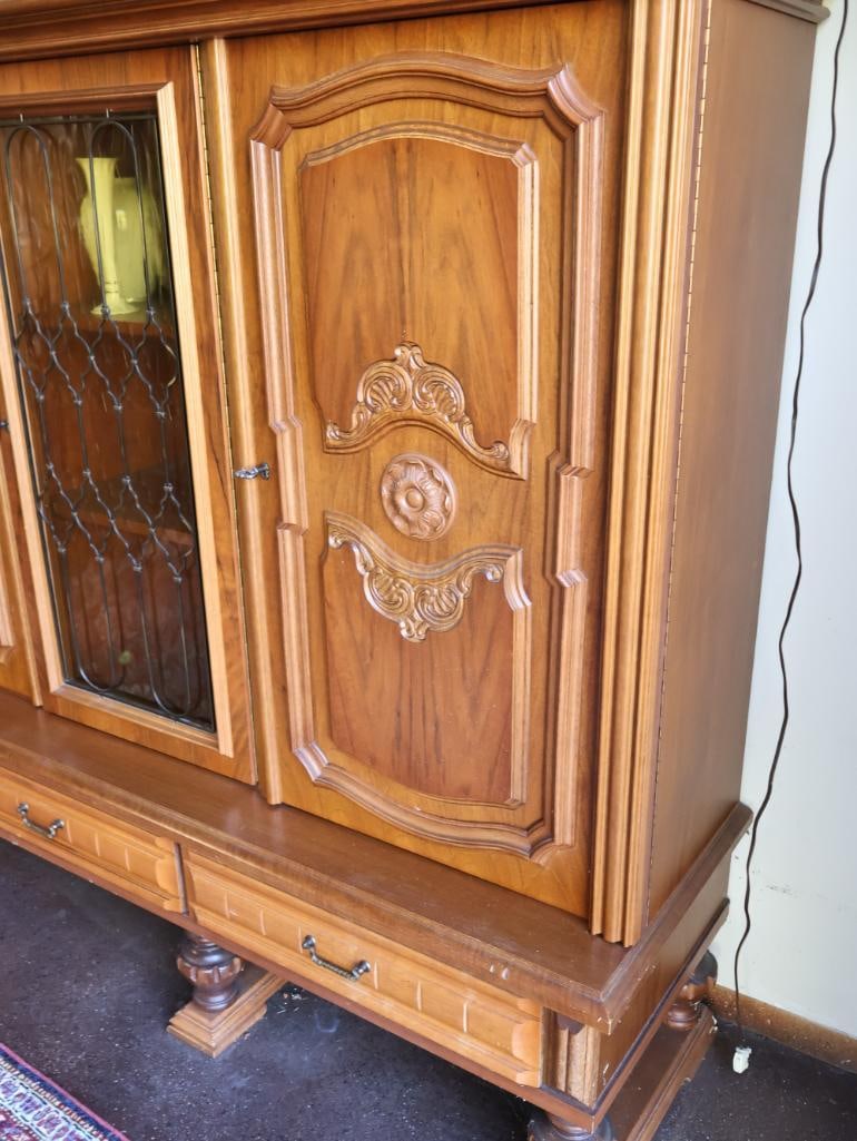 Large Over 9 ft Long Solid Wood Credenza with Carved and Vintage Glass Doors - 8