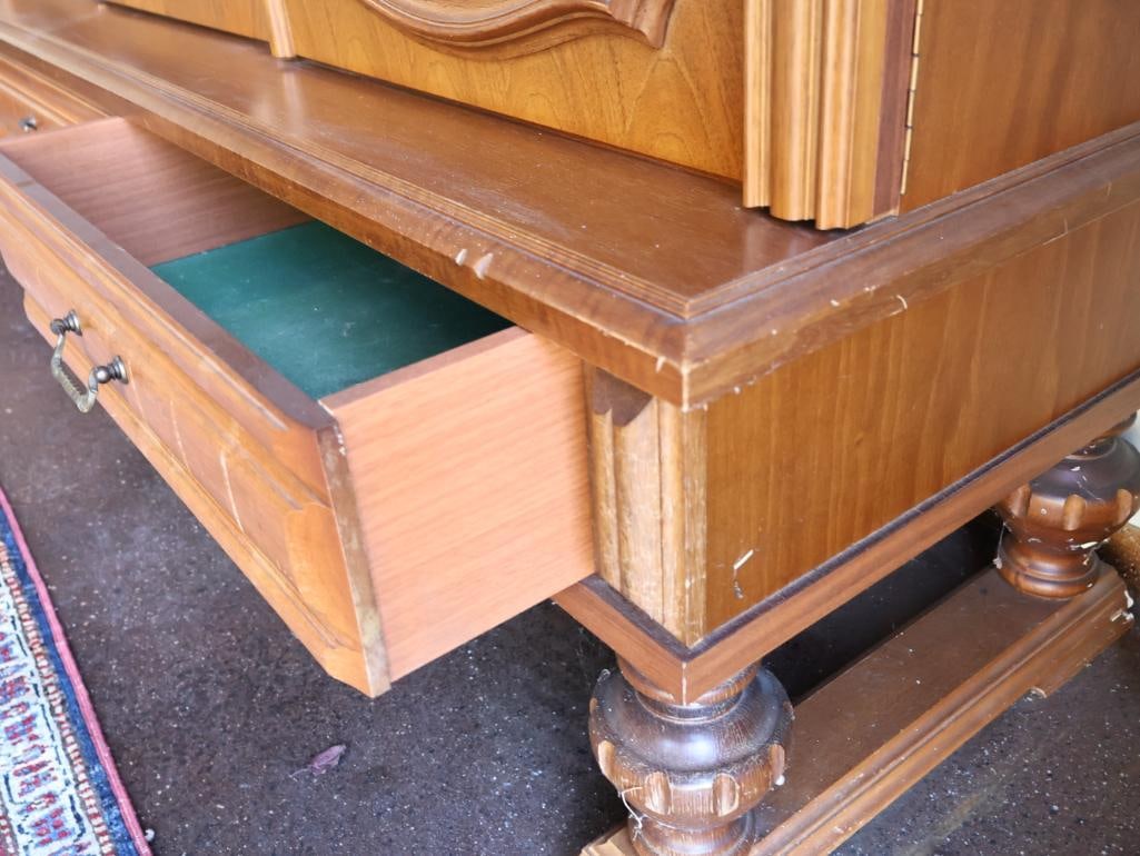 Large Over 9 ft Long Solid Wood Credenza with Carved and Vintage Glass Doors - 9