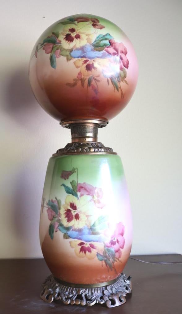 Antique Gone with the Wind Parlor Lamp: This original electrified Gone with The Wind style lamp features delicate hand painted pansies on green white red ombre glass