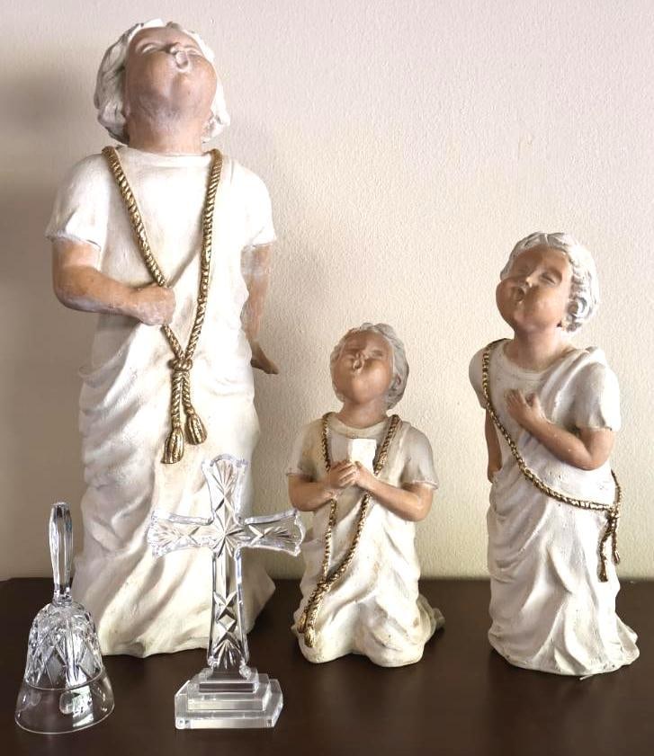 Waterford Cross, Crystal Bell, and Three Singing Angels: Marked Waterford crystal cross, and almost 2 ft tall singing angel with companions