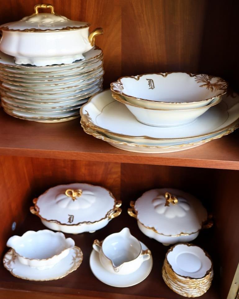 Large Set of Haviland Limoges French Gilded Edge China Set: Some pieces feature monogrammed 'D', please see all photos for what's included and maker marks