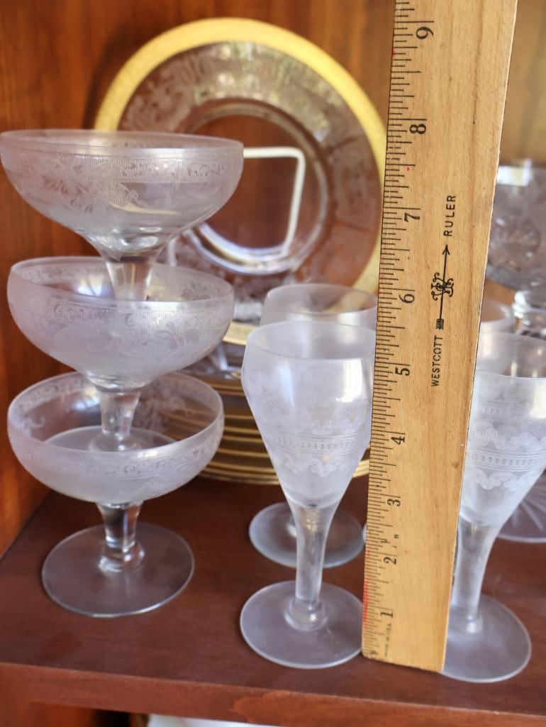 Antique Crystal Stemware and Gilded Edged Plates - 3