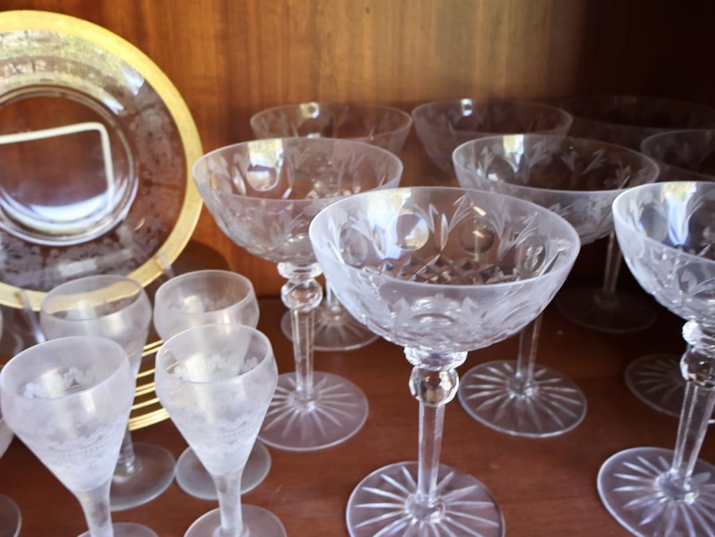 Antique Crystal Stemware and Gilded Edged Plates - 6