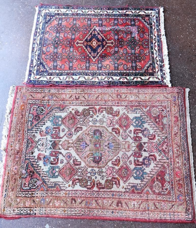 Two Small Persian Style Doormat Sized Rugs: Great small sized Persian style rugs, perfect for doormats. Please see all photos for conditions measures about 40" by 29", 34" by 24"