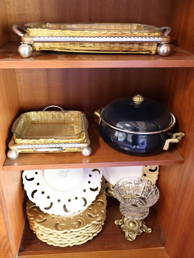 Various Serving Dishes and Accent Plates: Includes Heavy Crystal brass footed compote, set of Portuguese hand painted plates, metal enamel pot, and glass baking dishes with silver-tone servers