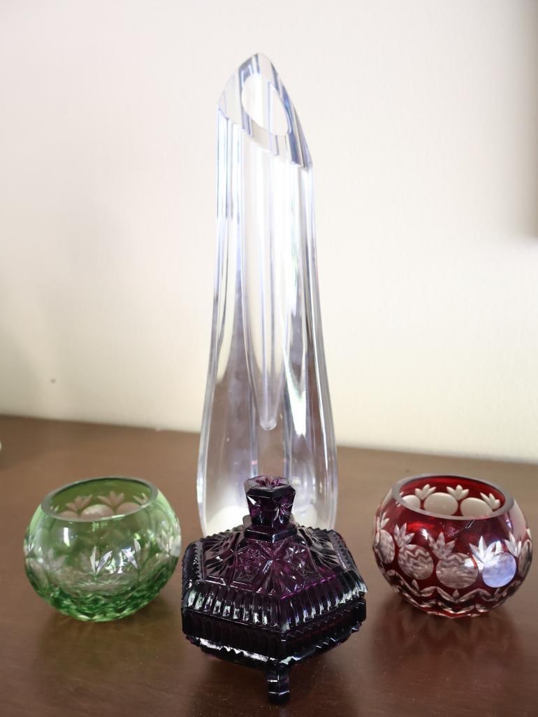 Baccarat Vase and Colored Glass: Great vintage small purple glass lidded dish, two cut color votive holders, and about 12" tall Baccarat crystal vase