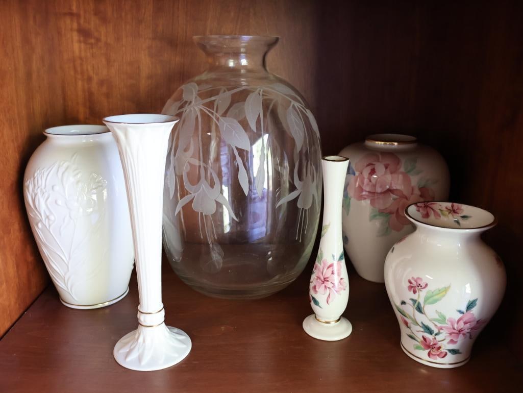 Collection of Lenox Vases and Etched Glass Signed Vase: Floral themed Lenox vases included Chatsworth, please see all photos for what's included and maker marks