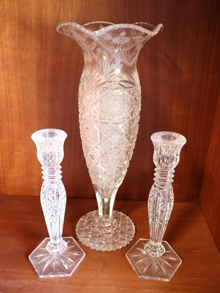 Pair of Waterford Crystal Candlesticks and Tall Crystal Vase: Cut crystal almost 16" tall vase, and pair of matching marked Waterford crystal candlesticks