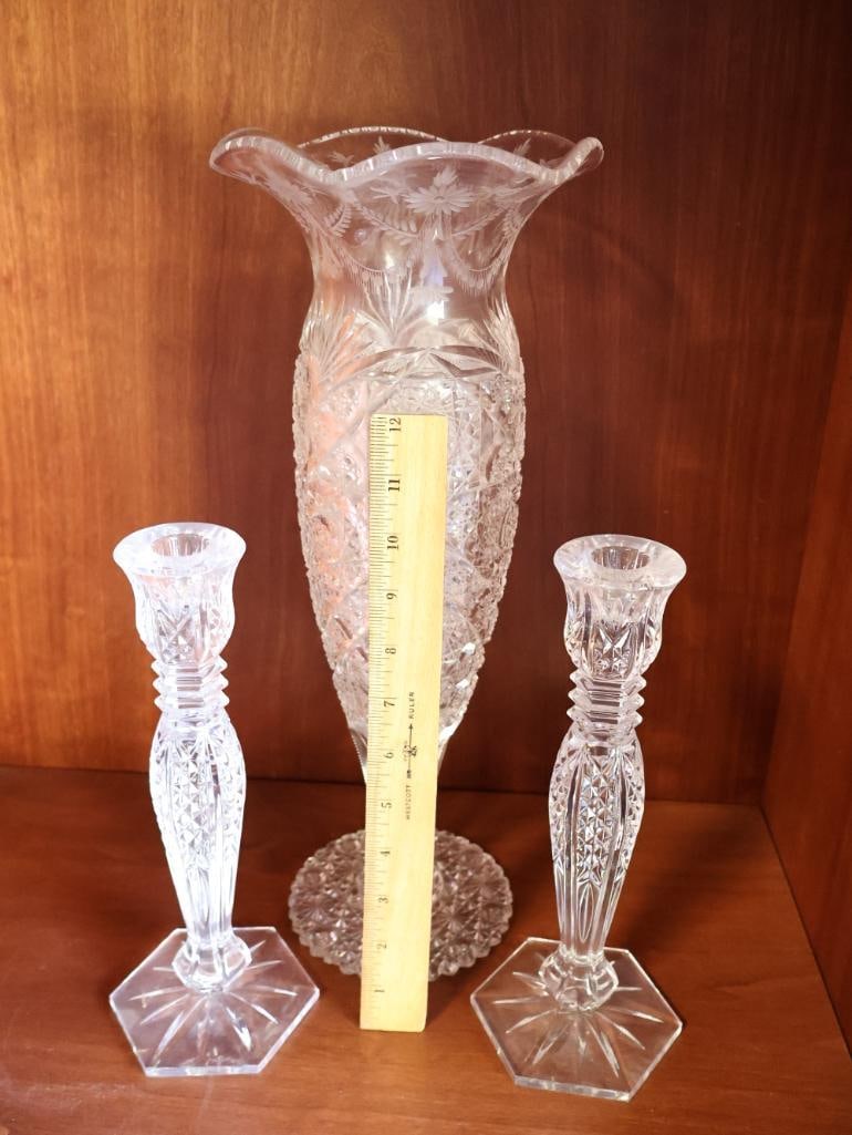 Pair of Waterford Crystal Candlesticks and Tall Crystal Vase - 2