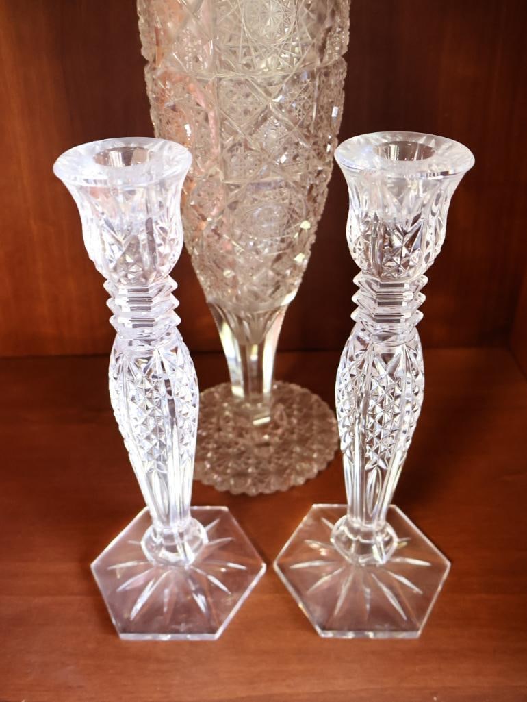 Pair of Waterford Crystal Candlesticks and Tall Crystal Vase - 7