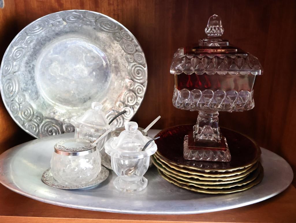 Vintage Lidded Red Cranberry Dish and More: Also includes various spooned dishes, gilded edged vintage bubble red glass plates, and silver-tone platters