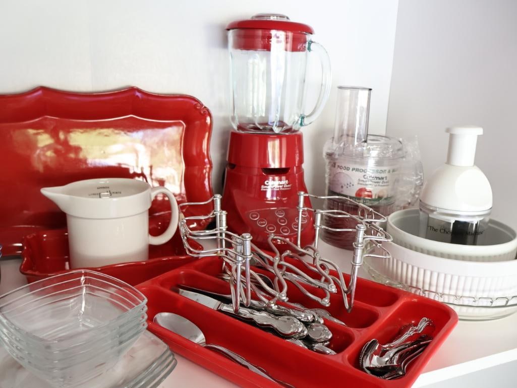 Collection of Red and White Kitchen Essentials: Includes silverware set, blender, serving dishes and more
