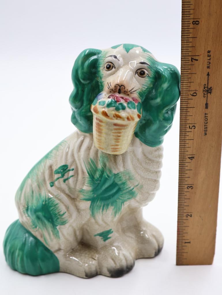 Antique Staffordshire Style Pottery Spaniel Dog with Flower Basket - 2