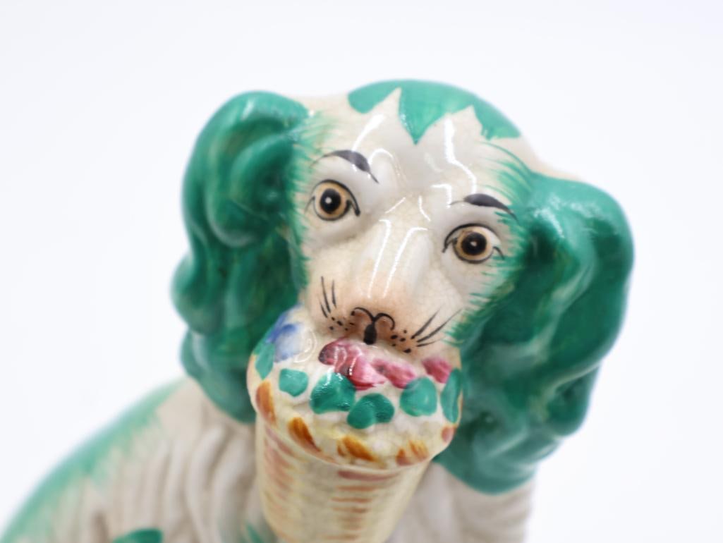 Antique Staffordshire Style Pottery Spaniel Dog with Flower Basket - 3