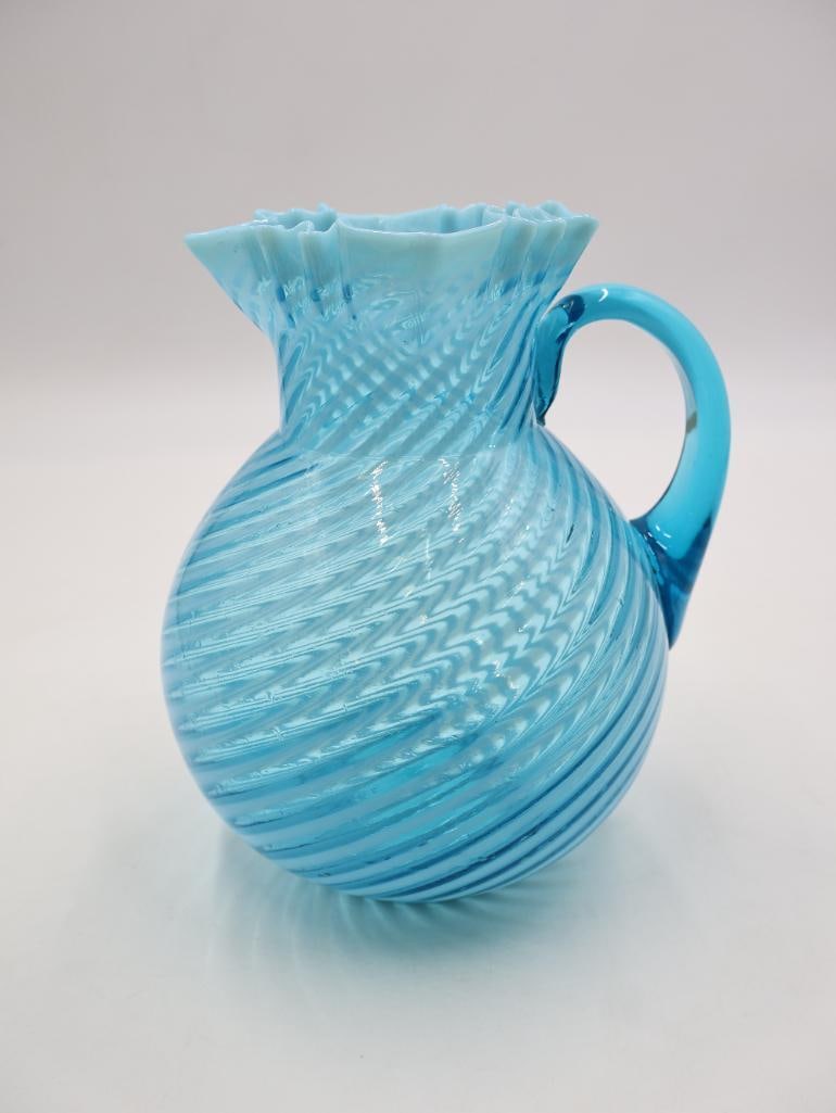 Vintage Blue Opalescent Hobnail Swirl Glass Pitcher and Vase Set - 12