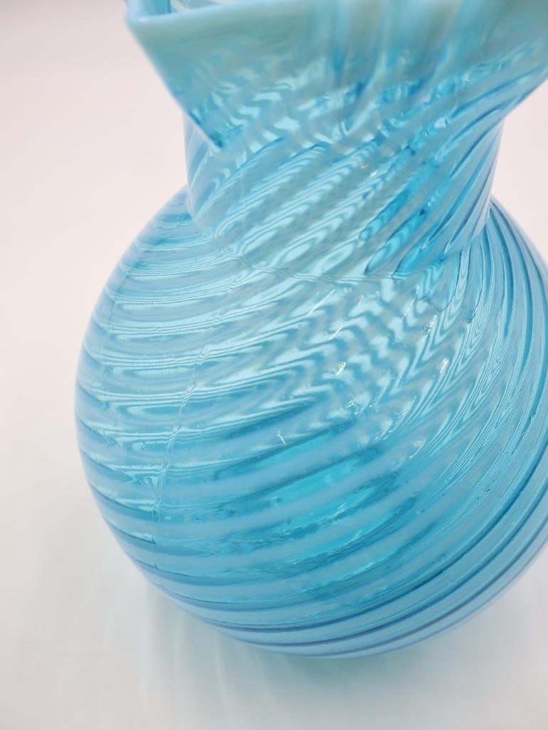 Vintage Blue Opalescent Hobnail Swirl Glass Pitcher and Vase Set - 13