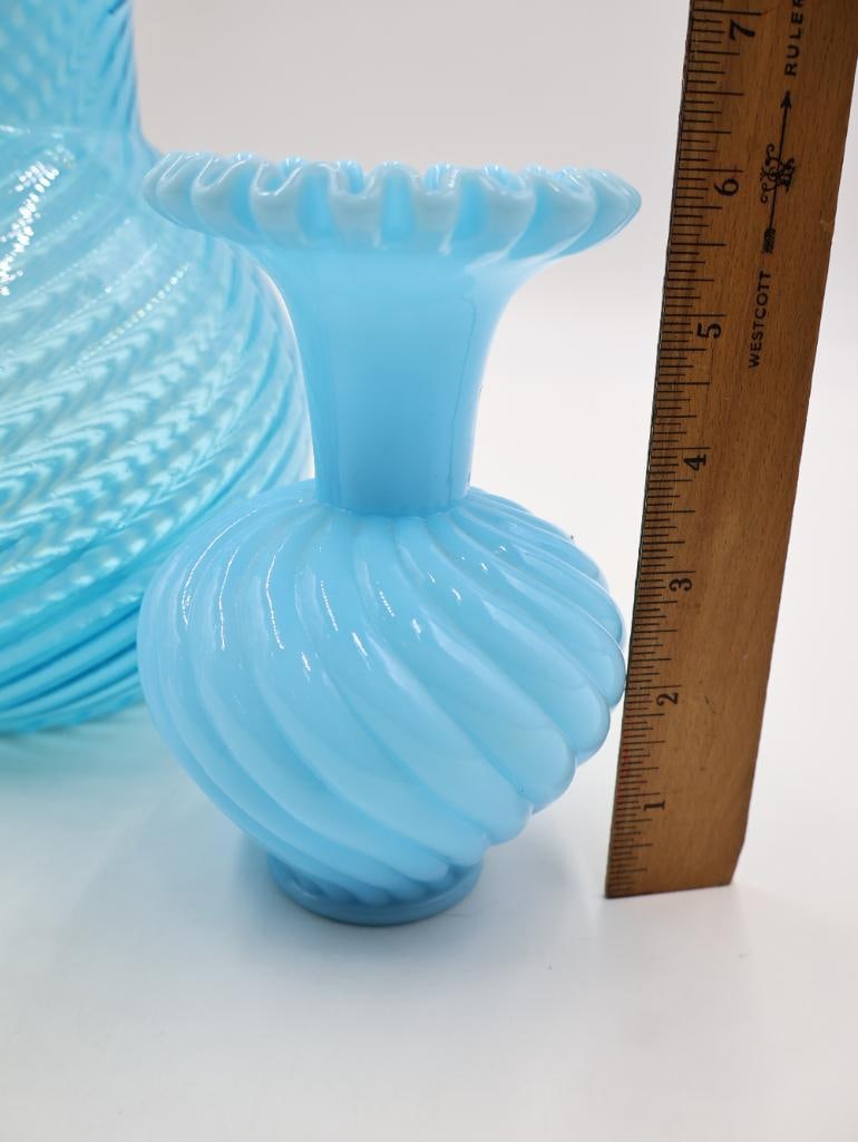 Vintage Blue Opalescent Hobnail Swirl Glass Pitcher and Vase Set - 2