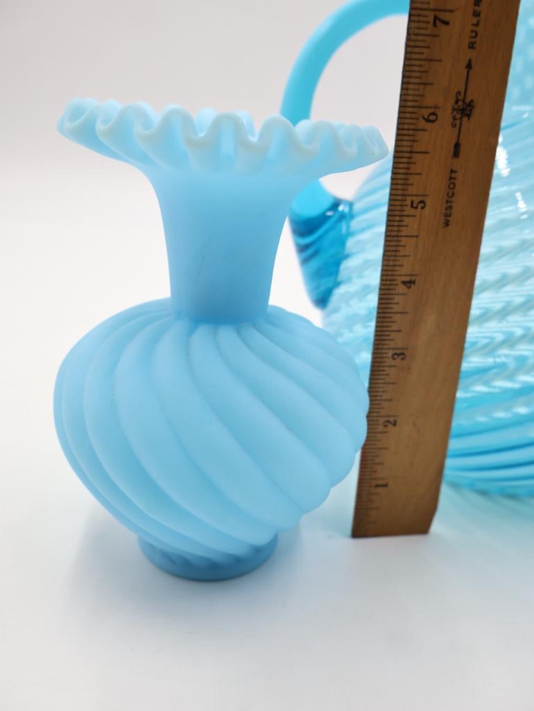 Vintage Blue Opalescent Hobnail Swirl Glass Pitcher and Vase Set - 3