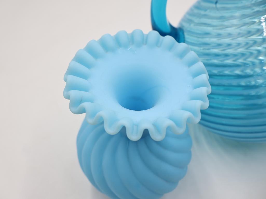 Vintage Blue Opalescent Hobnail Swirl Glass Pitcher and Vase Set - 4