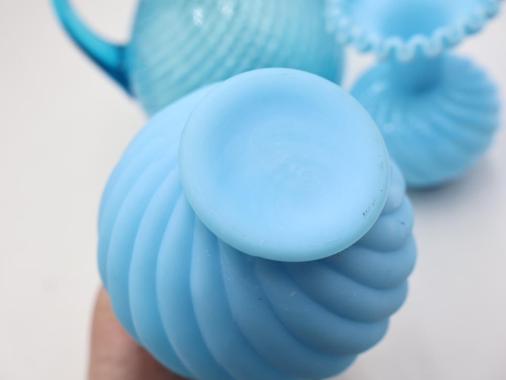 Vintage Blue Opalescent Hobnail Swirl Glass Pitcher and Vase Set - 5