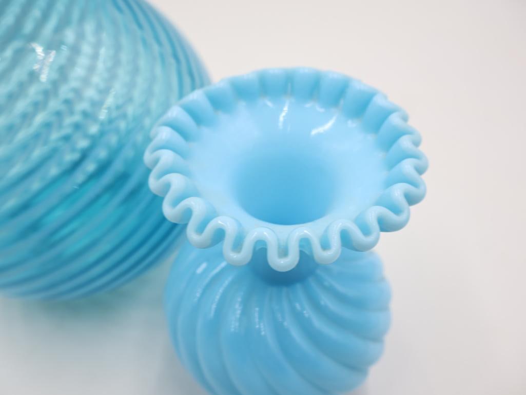 Vintage Blue Opalescent Hobnail Swirl Glass Pitcher and Vase Set - 6