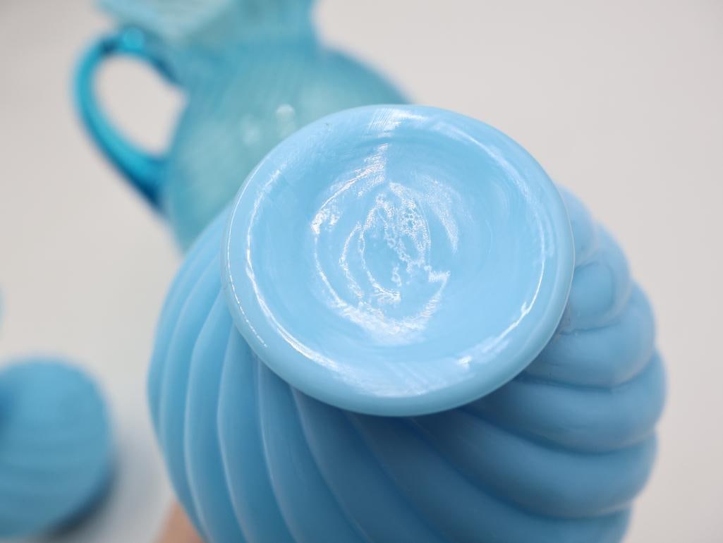 Vintage Blue Opalescent Hobnail Swirl Glass Pitcher and Vase Set - 7