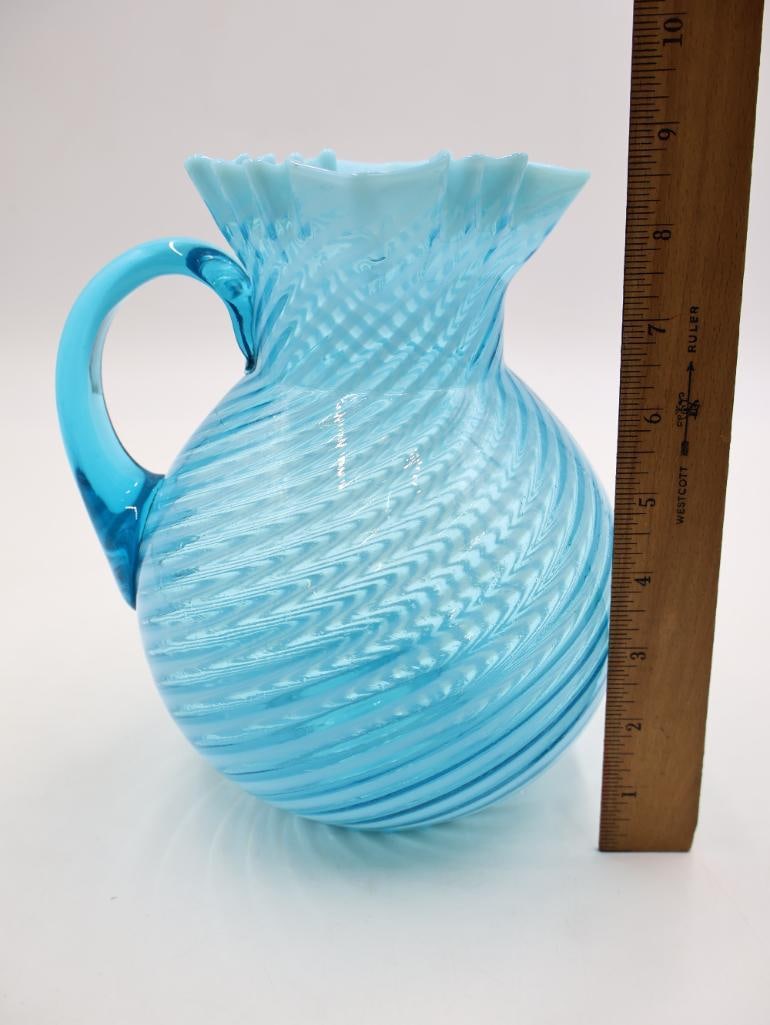 Vintage Blue Opalescent Hobnail Swirl Glass Pitcher and Vase Set - 8