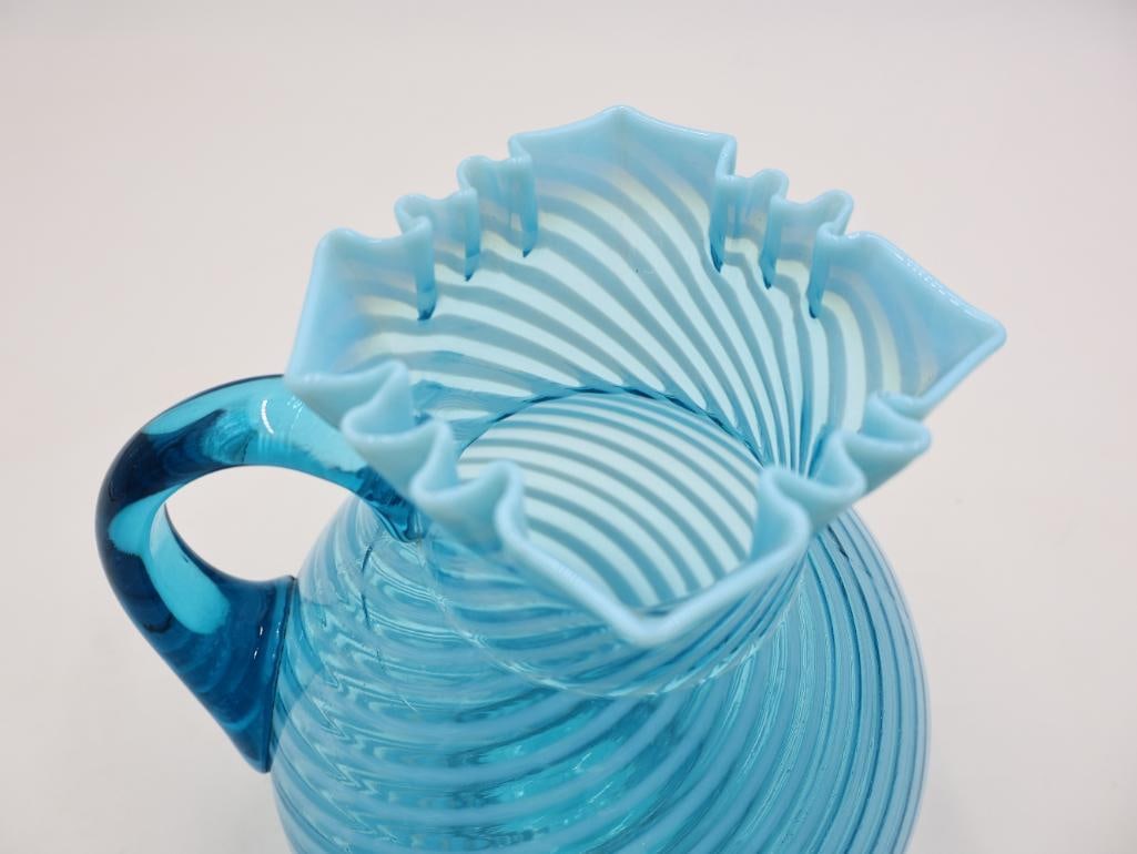Vintage Blue Opalescent Hobnail Swirl Glass Pitcher and Vase Set - 9