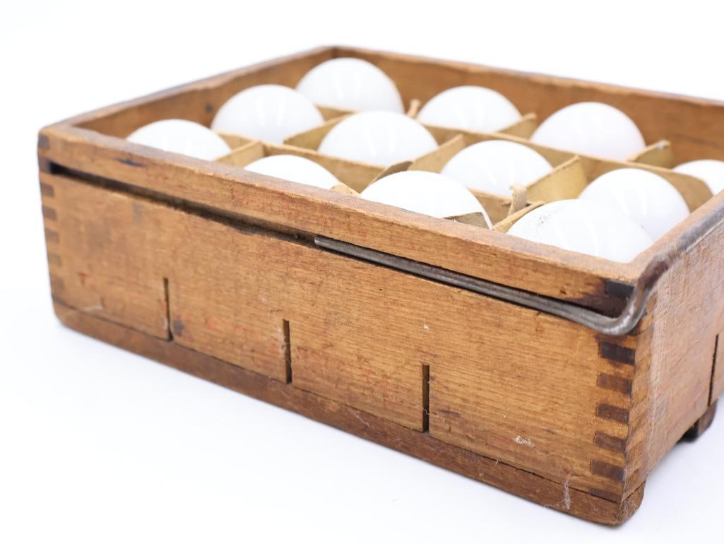 Antique Star Egg Carriers and Trays Crate with Glass Eggs and Egg Candler - 7