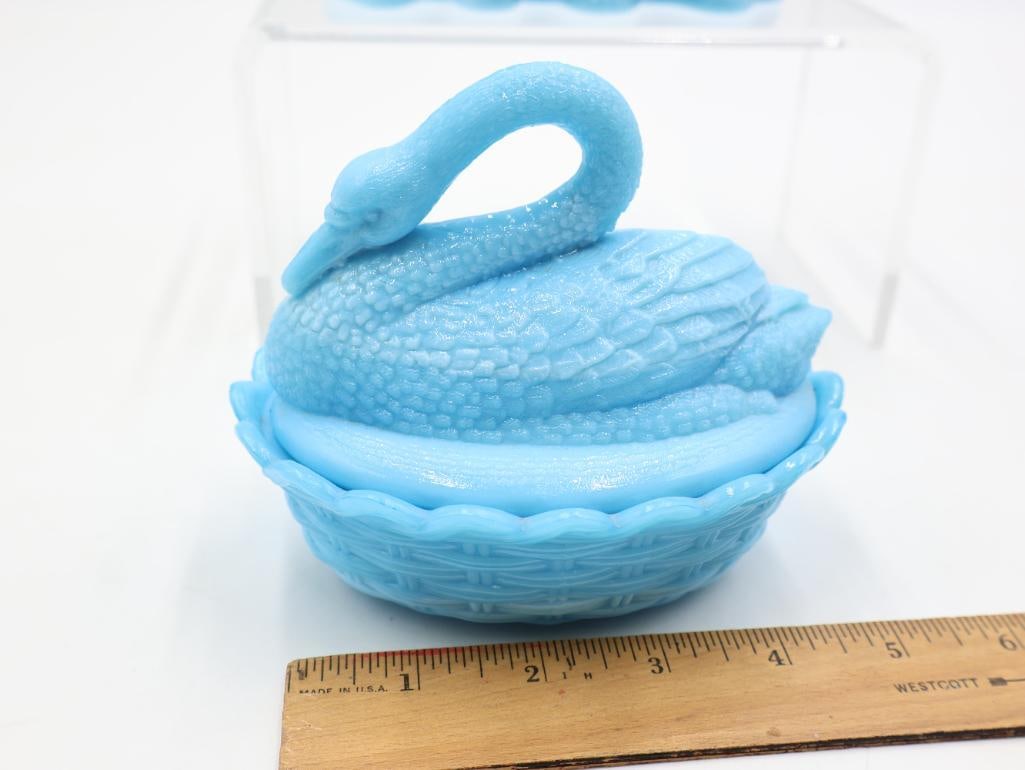 Portieux Vallerysthal Blue Opaline Glass Squirrel and Acorn and Swan Covered Dishes - 2