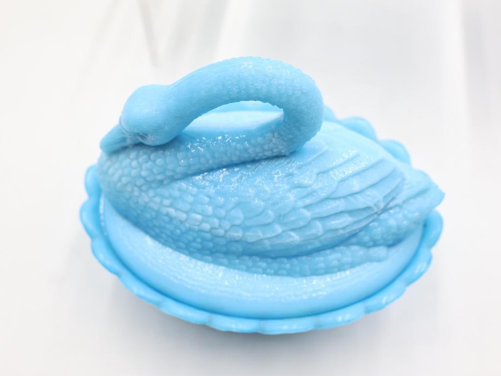 Portieux Vallerysthal Blue Opaline Glass Squirrel and Acorn and Swan Covered Dishes - 3