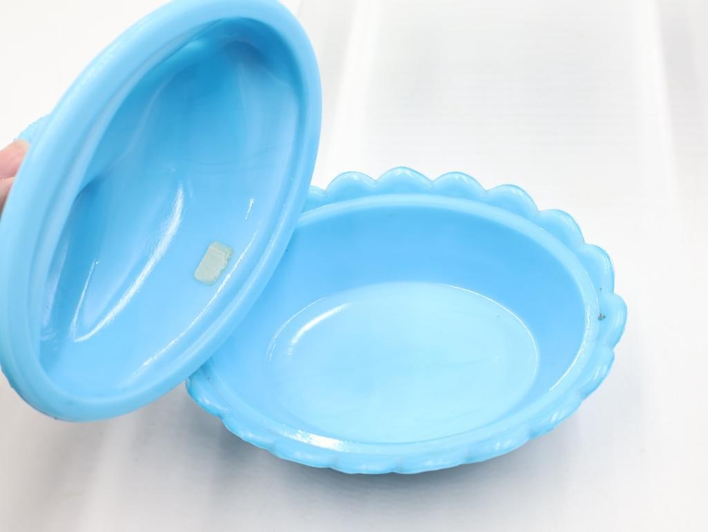 Portieux Vallerysthal Blue Opaline Glass Squirrel and Acorn and Swan Covered Dishes - 4