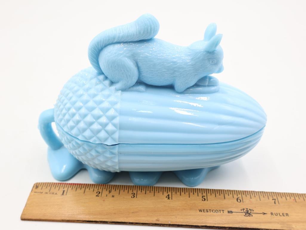 Portieux Vallerysthal Blue Opaline Glass Squirrel and Acorn and Swan Covered Dishes - 6