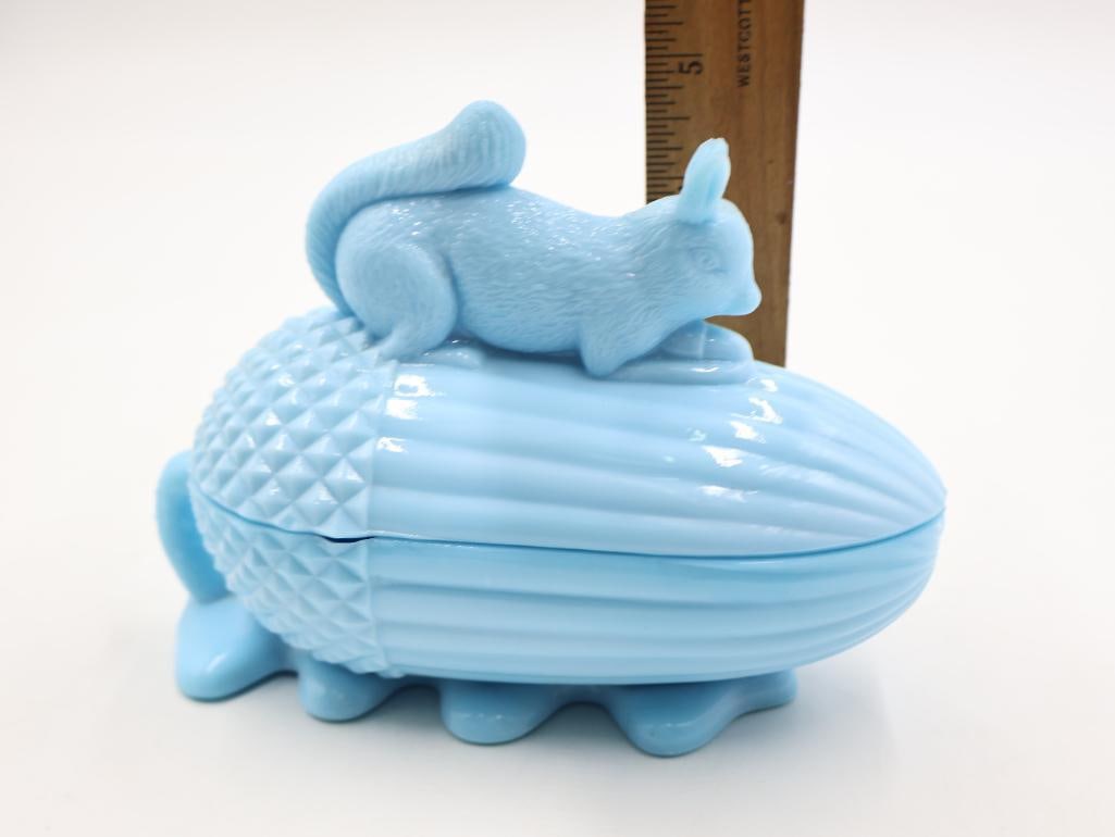 Portieux Vallerysthal Blue Opaline Glass Squirrel and Acorn and Swan Covered Dishes - 7