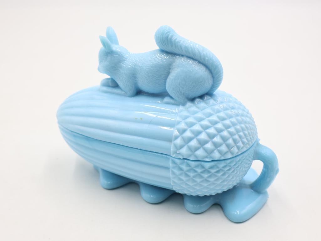 Portieux Vallerysthal Blue Opaline Glass Squirrel and Acorn and Swan Covered Dishes - 9