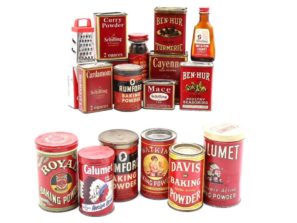 Collection of Vintage Advertising Spice and Baking Powder Tins Schilling, Calumet, Royal (1 of 12)